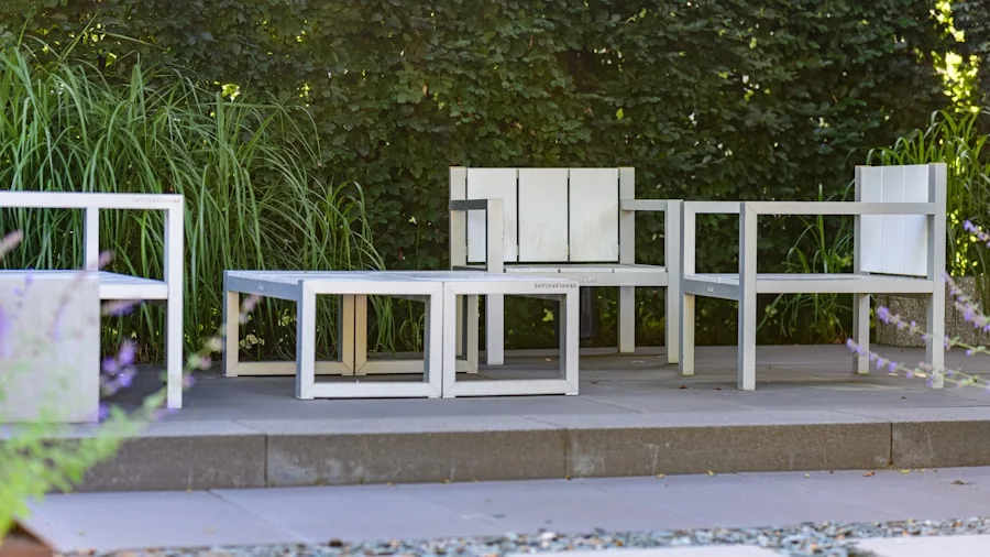 Contemporary outdoor patio space showcasing modern furniture and architectural design elements