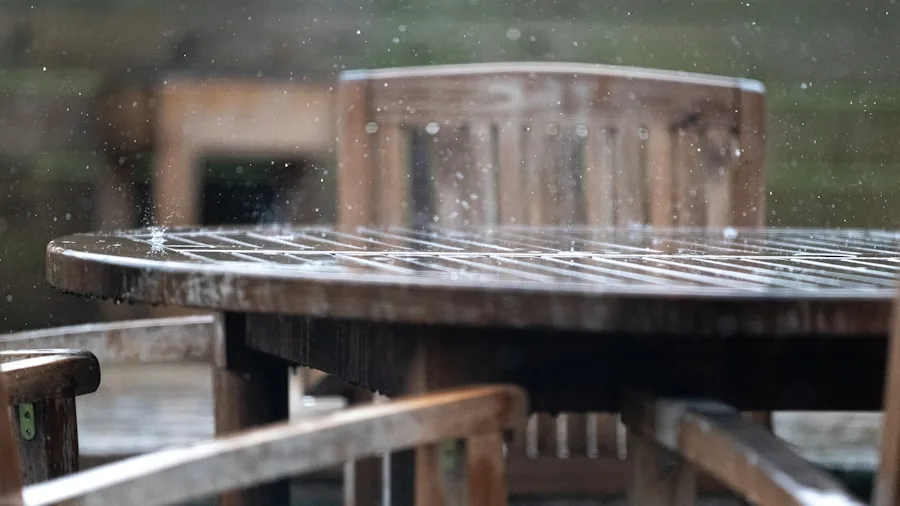 Covered outdoor patio furniture protected from heavy rain and weather during storage season