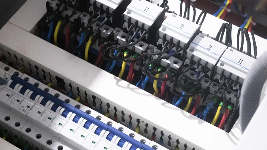 Electrician installing wiring in residential electrical panel during home construction