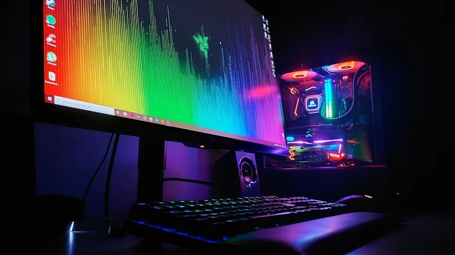 Gamer at desk with high-resolution monitor displaying vibrant graphics during gameplay