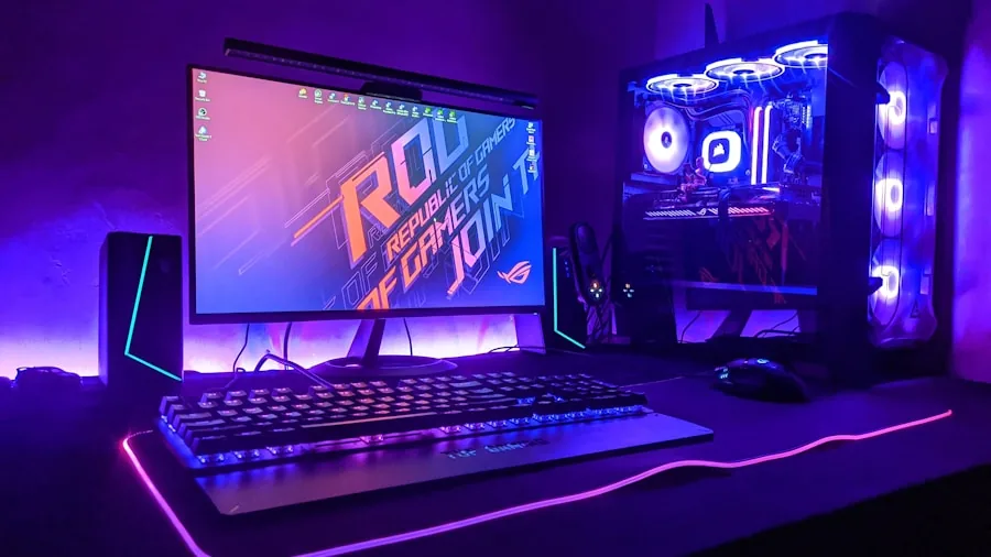 Gamer focused intently at gaming PC setup with multiple monitors in home environment
