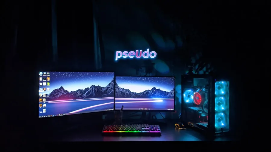 Gamer focused on monitor display during intense gaming session at desk