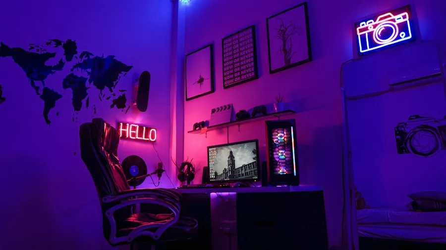 Gamer's desk with RGB lighting and neon colors creating an immersive gaming atmosphere
