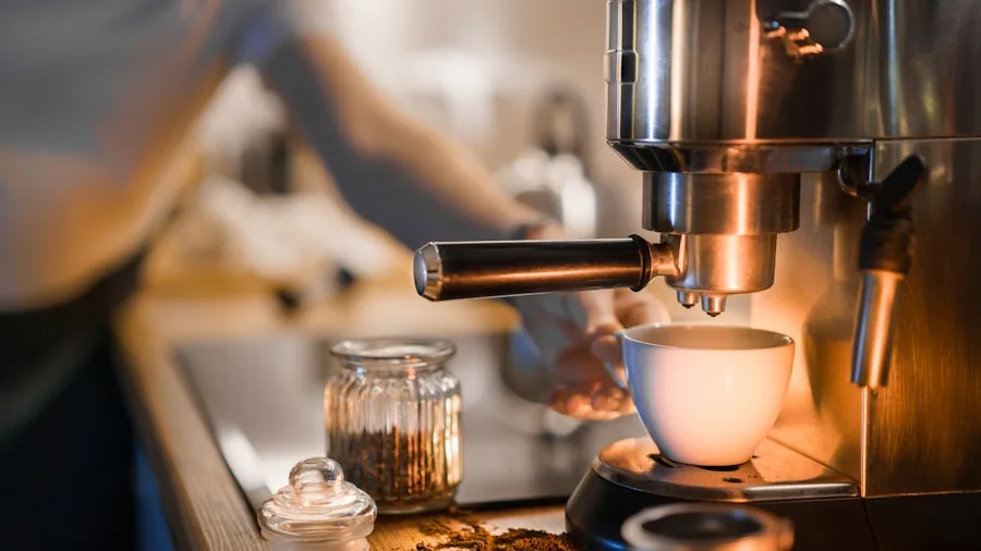 Home barista preparing espresso shot in a bright kitchen with focus on technique and coffee preparation