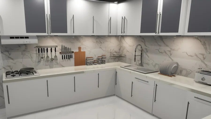 Modern kitchen with stainless steel appliances and open floor plan layout