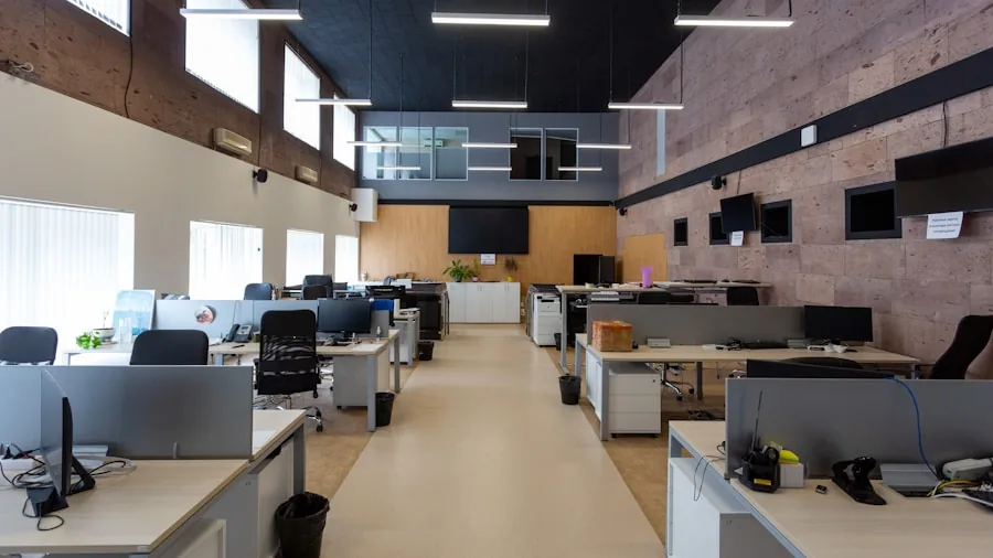 Modern office workspace with hardwood flooring and professional chair setup in natural light
