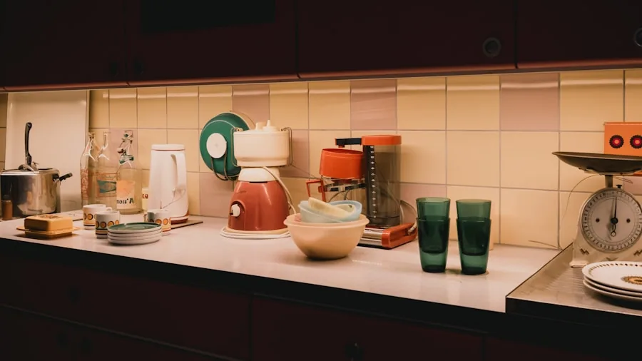 Organized compact kitchen counter with minimal appliances and clean workspace
