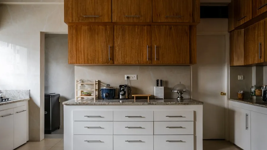 Organized kitchen countertop with wooden storage and cooking utensils in natural lighting