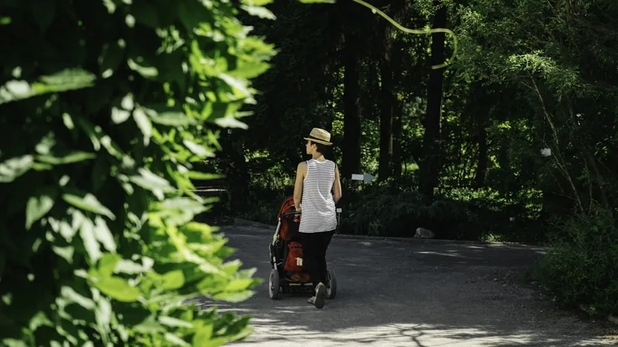 Parent inspecting stroller safety features while preparing for outdoor walk with child
