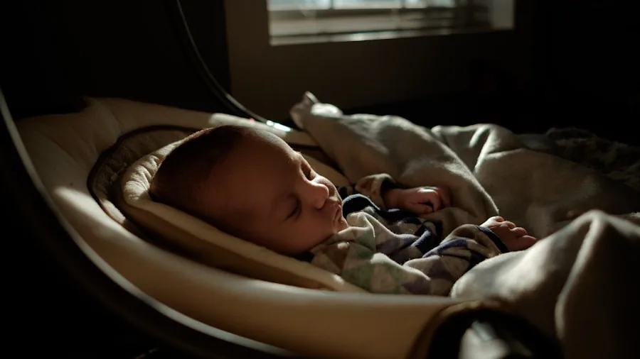 Parent monitoring sleeping infant in dark bedroom at night with care and concern