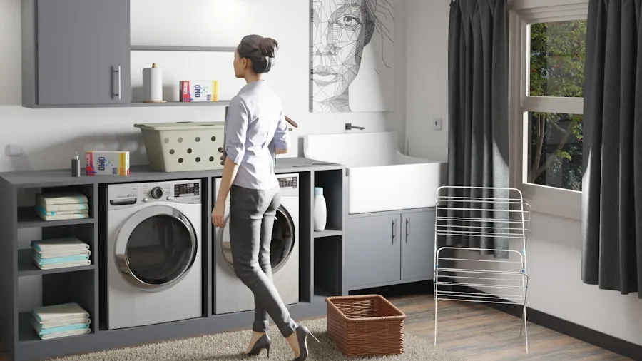 Person checking laundry app on smartphone while managing washing machine in modern home laundry room