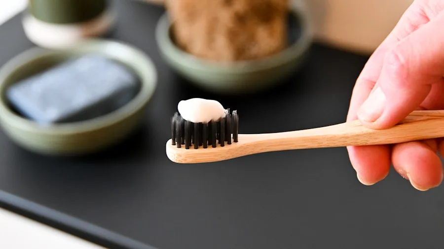 Person demonstrating proper tooth brushing technique during morning dental care routine