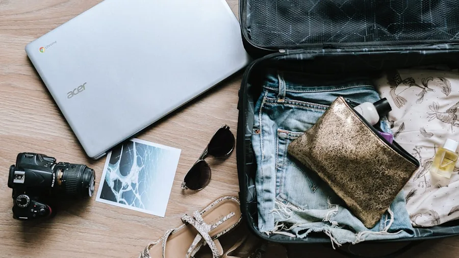 Person examining different luggage styles and prices while planning a trip