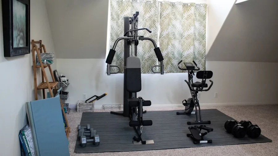 Person exercising in compact home gym with limited floor space in modern apartment bedroom