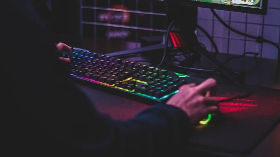 Person gaming at computer desk with focused expression, RGB lighting visible