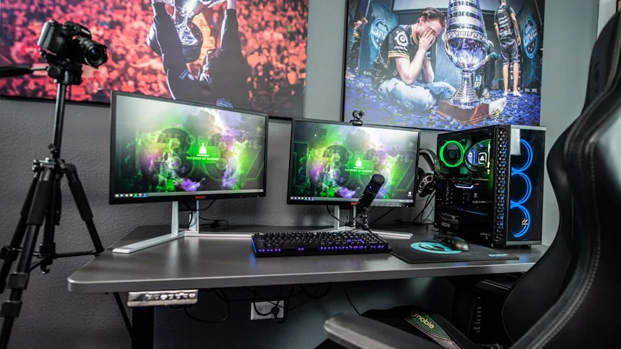 Person gaming at desk with wide-angle monitor display showing vibrant colors and gameplay