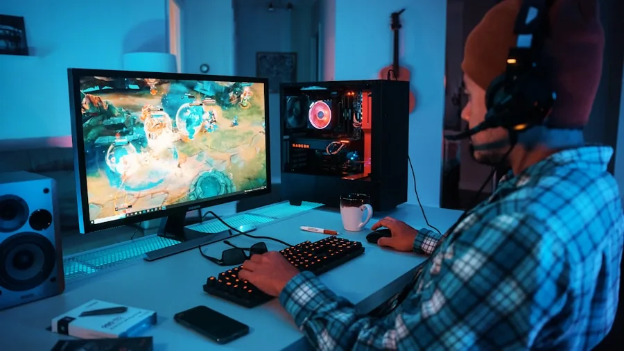 Person gaming intensely at desk with multiple monitors in competitive gaming setup