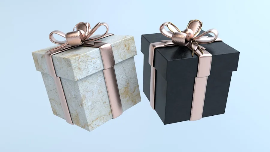 Person opening an elegantly wrapped gift box with a warm, celebratory expression indoors