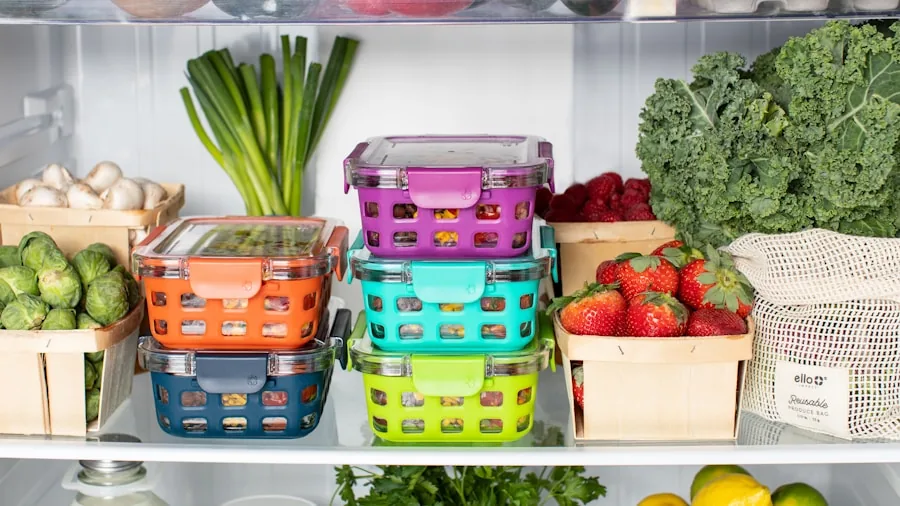 Person organizing fresh vegetables and groceries in a well-organized refrigerator with clear shelves