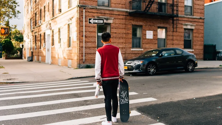 Person wearing headphones while crossing a busy street in an urban environment