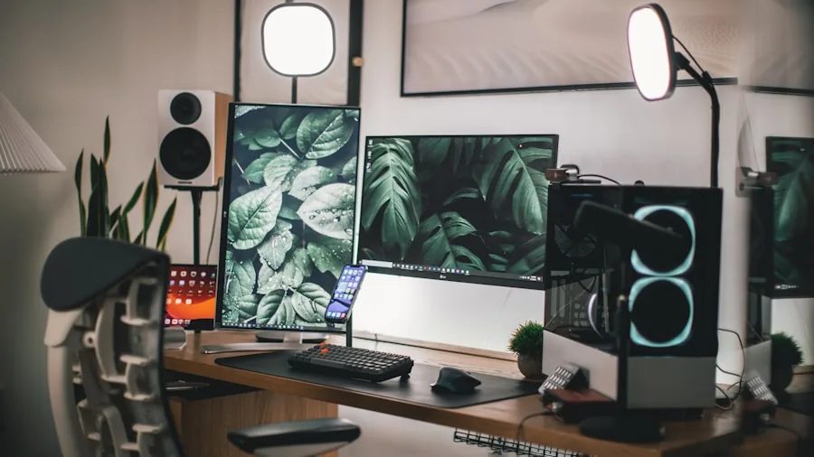 Person working at desk with computer and network cables in modern home office