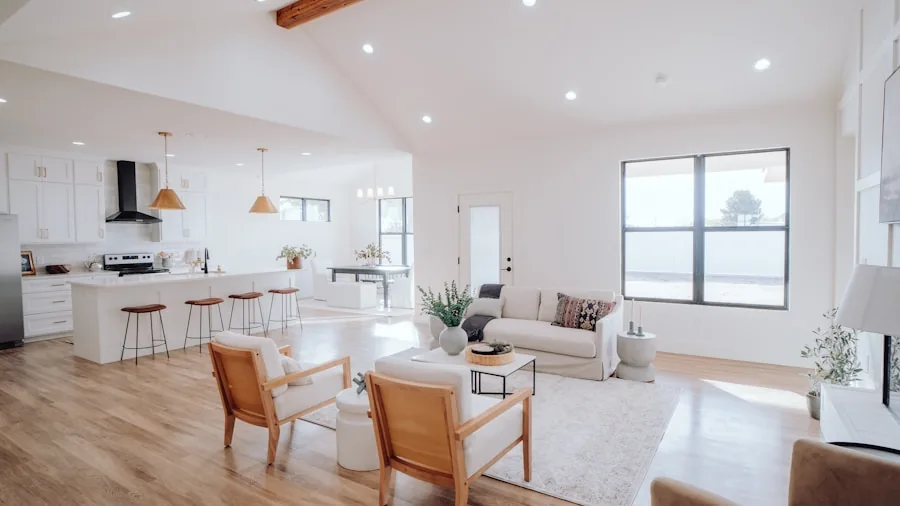 Spacious bright living room with hardwood floors in contemporary home interior