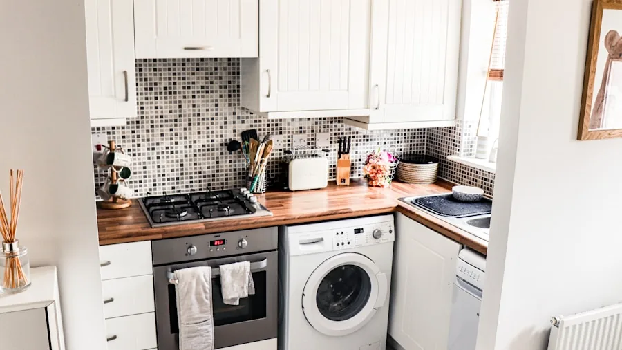 Two people preparing a meal together in a compact kitchen space
